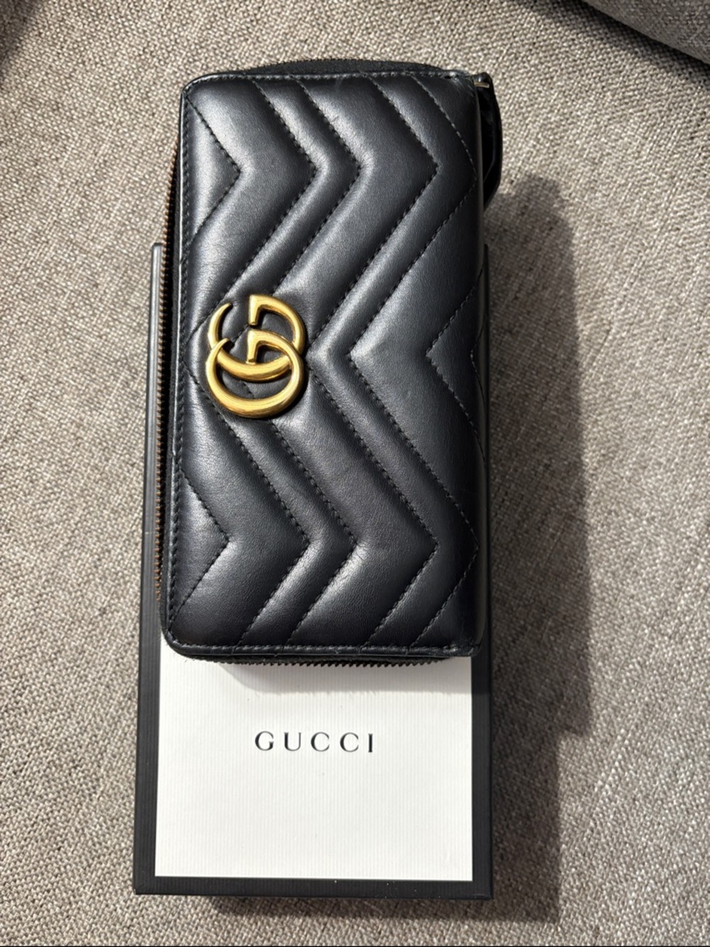 Gucci Black Chevron Quilted Leather zipper wallet  with gold GG